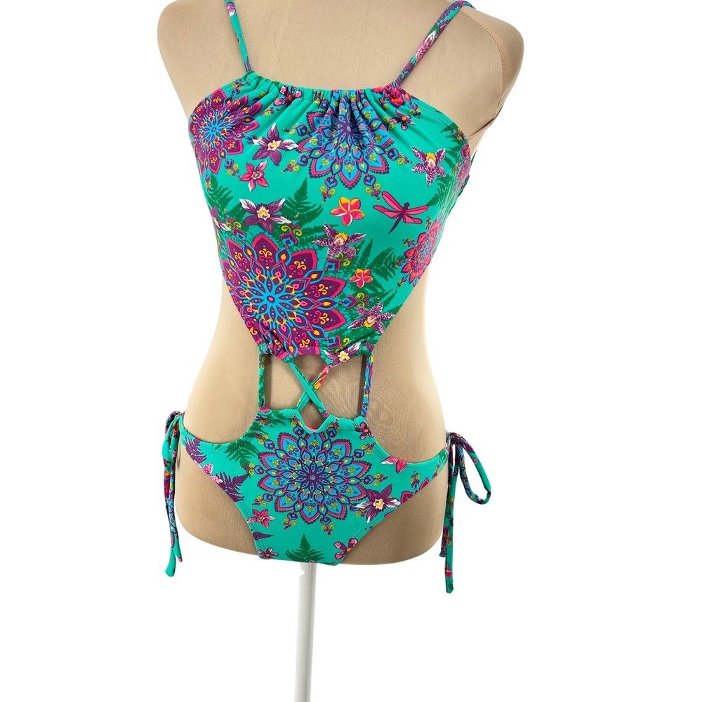 Doce Vera Mandala Floral Cutout Monokini Swimsuit Teal Pink One Piece NWT